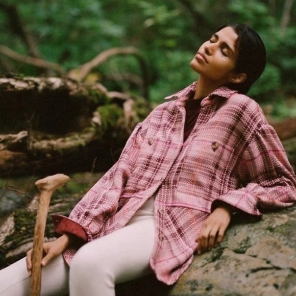 Anthropologie Hudson Plaid Shirt Jacket Shacket in Pink Maroon Sz XS NWOT - Picture 2 of 12